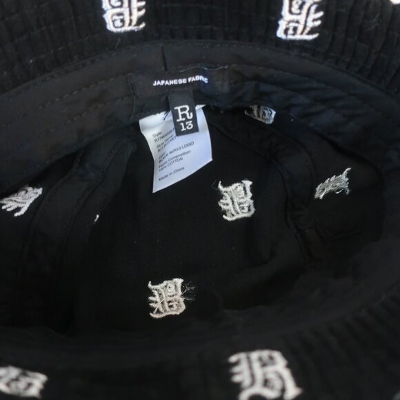 R13 Black Bucket Hat with White Logo Embroidery